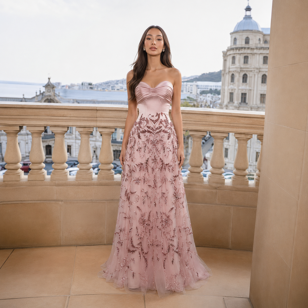 Beautiful woman in a romantic elegant pink satin dress with crystal embellishments, standing on a balcony with a scenic background