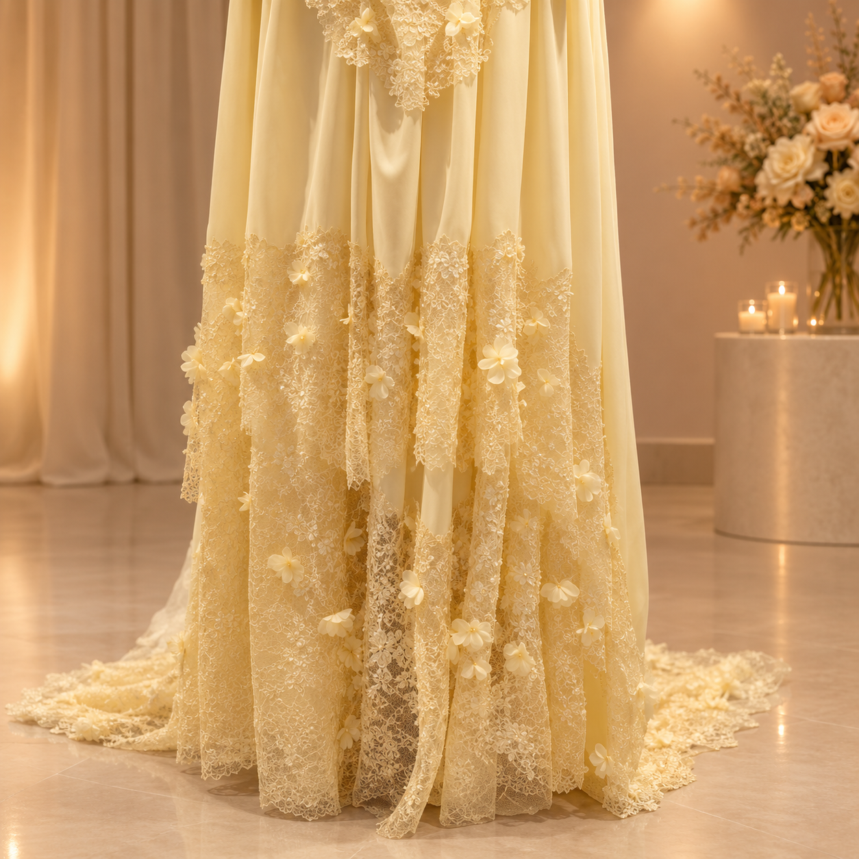 A pale yellow formal gown with layered lace panels and a train, displayed in an elegant indoor setting with warm lighting and floral decor in the background.