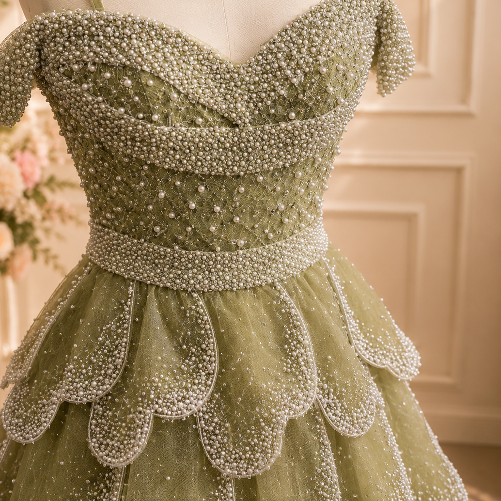 Close up of intricate luxury pearl and shimmering beadwork embellishments on a luxury green ballgown princess dress