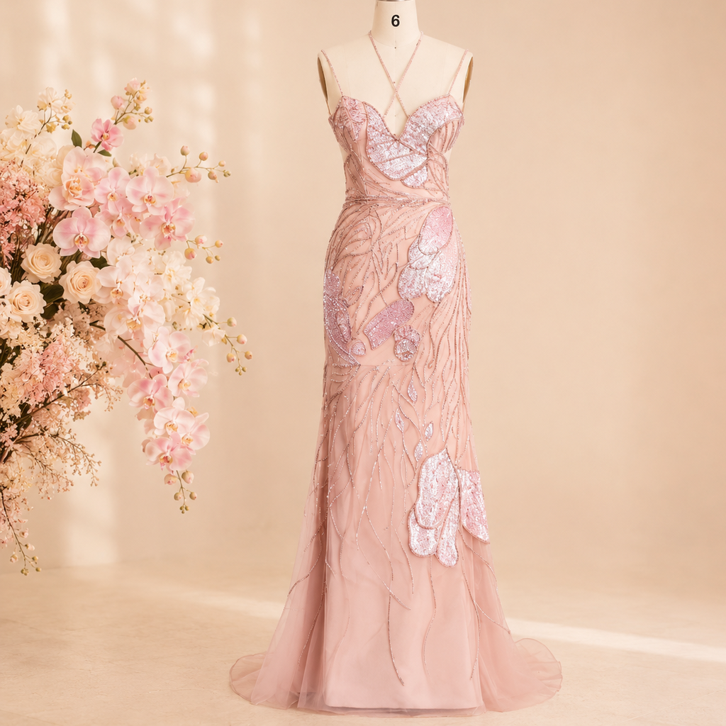 Gorgeous blush pink luxury evening gown on a mannequin in a dressing room with flowers. The dress is covered in intricate shimmering crystal and pearl beadwork and shiny sequins. 