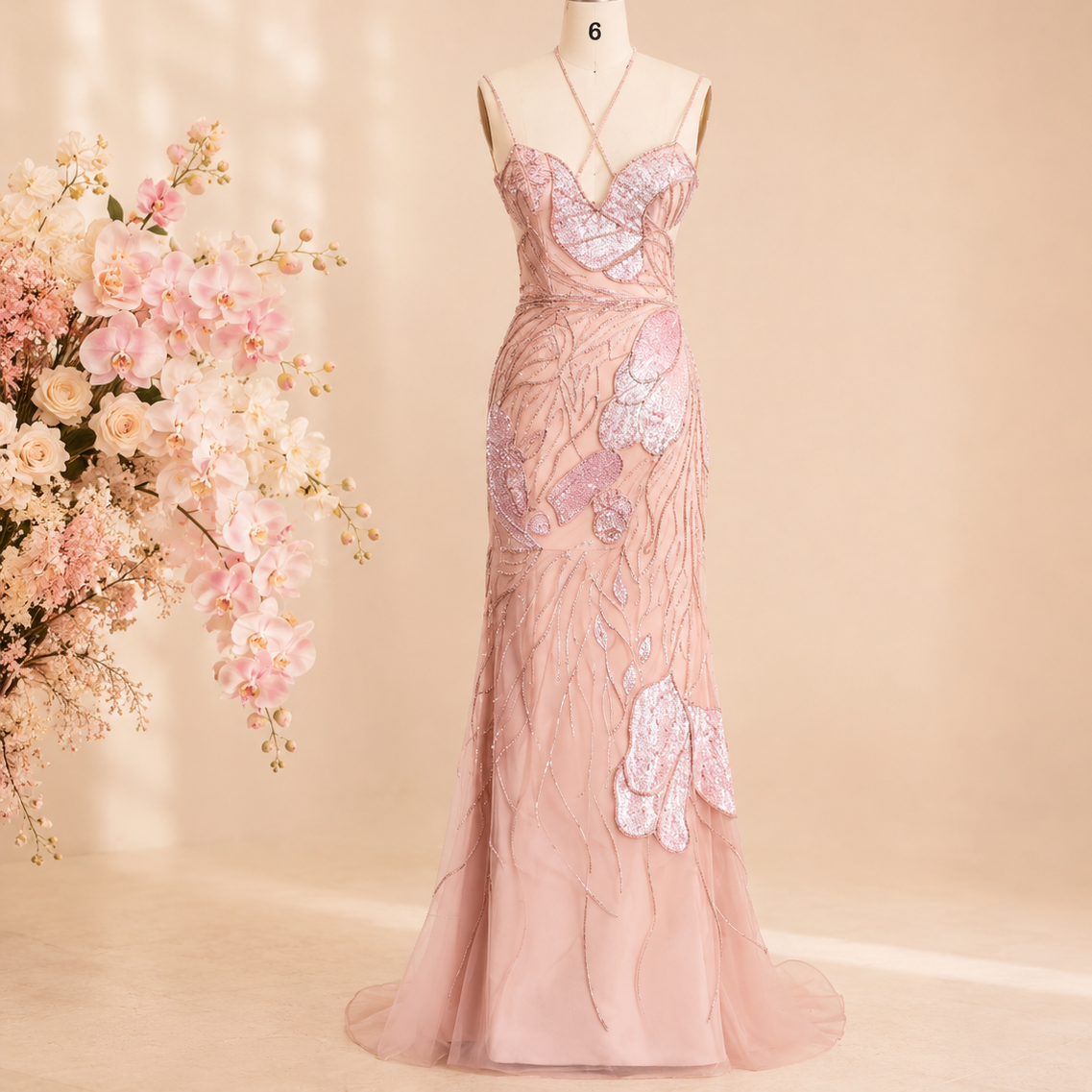 Gorgeous blush pink luxury evening gown on a mannequin in a dressing room with flowers. The dress is covered in intricate shimmering crystal and pearl beadwork and shiny sequins. 