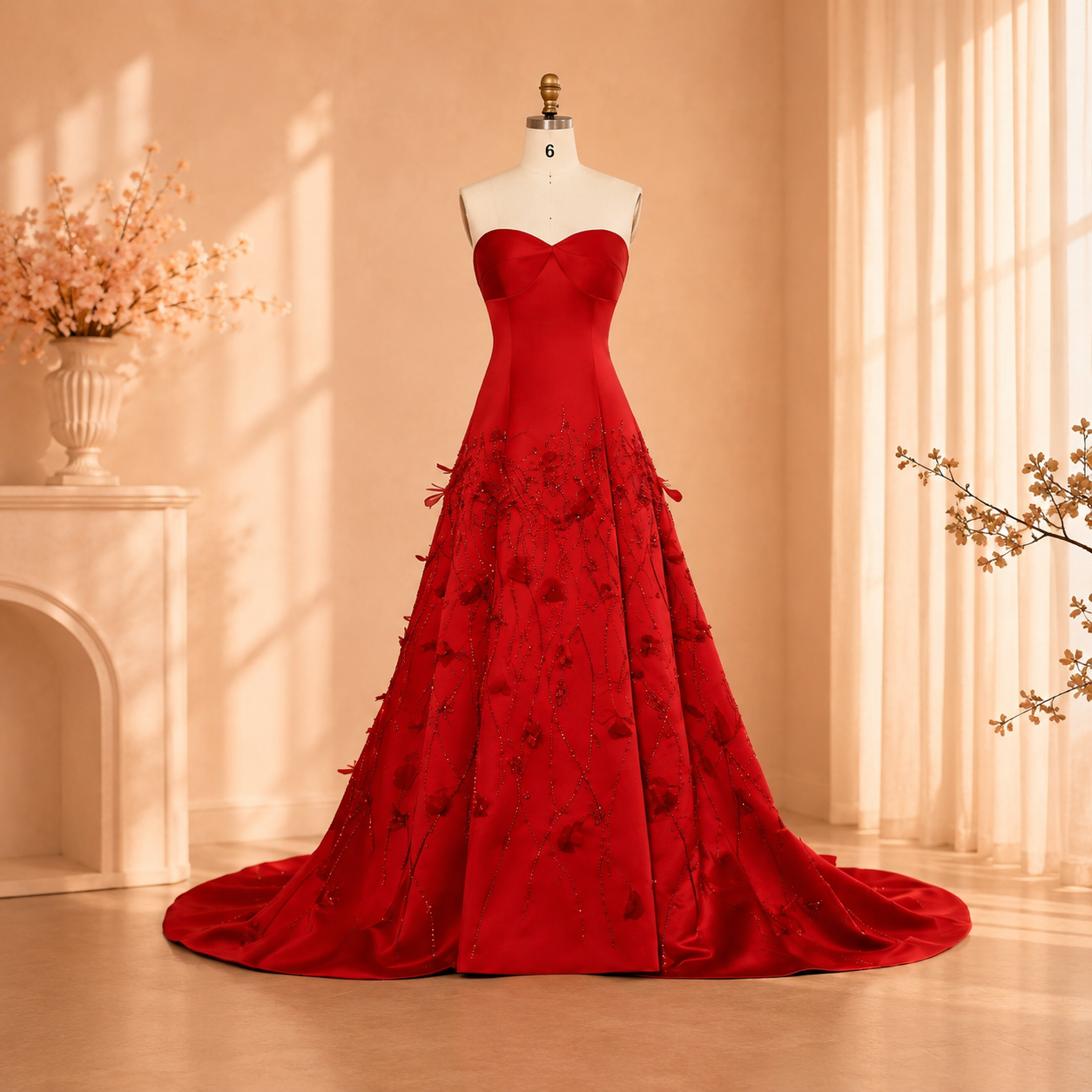 A stunning red strapless luxury ball gown with a sweetheart neckline and 3D floral embroidery, with beautiful beadwork details, displayed on a dress form mannequin in a warm, sunlit room with a cream-colored fireplace and curtains.