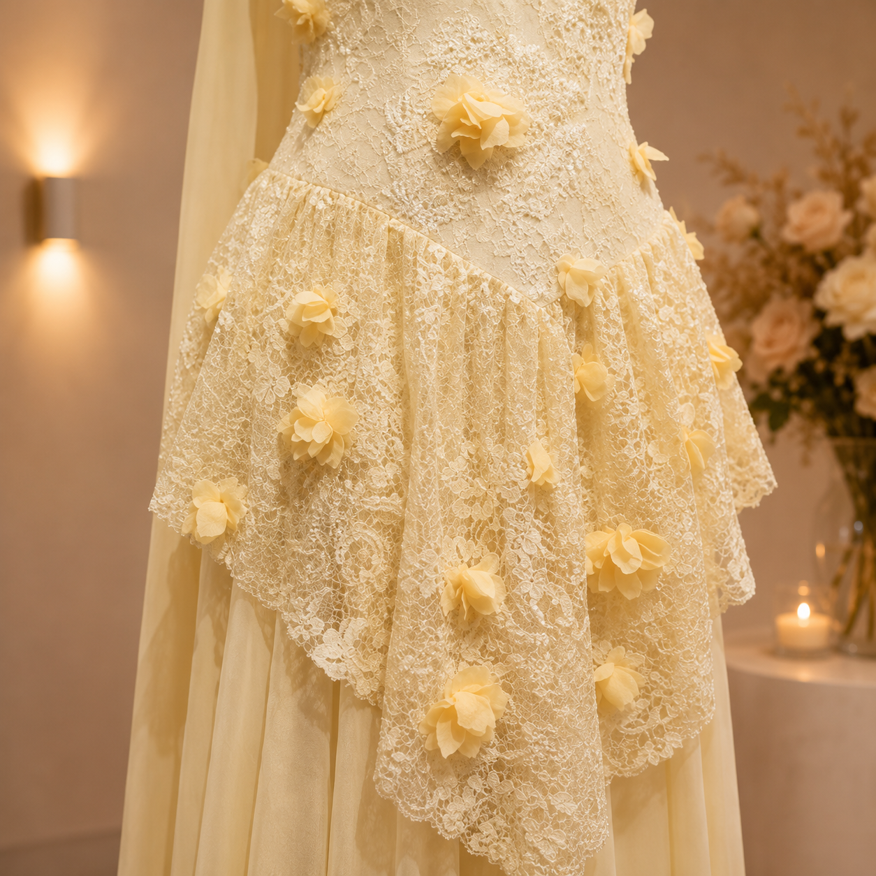 A pale yellow -colored lace prom dress with 3D floral appliqués, shown on a mannequin in a softly lit indoor setting with warm wall lighting and blurred flowers in the background.