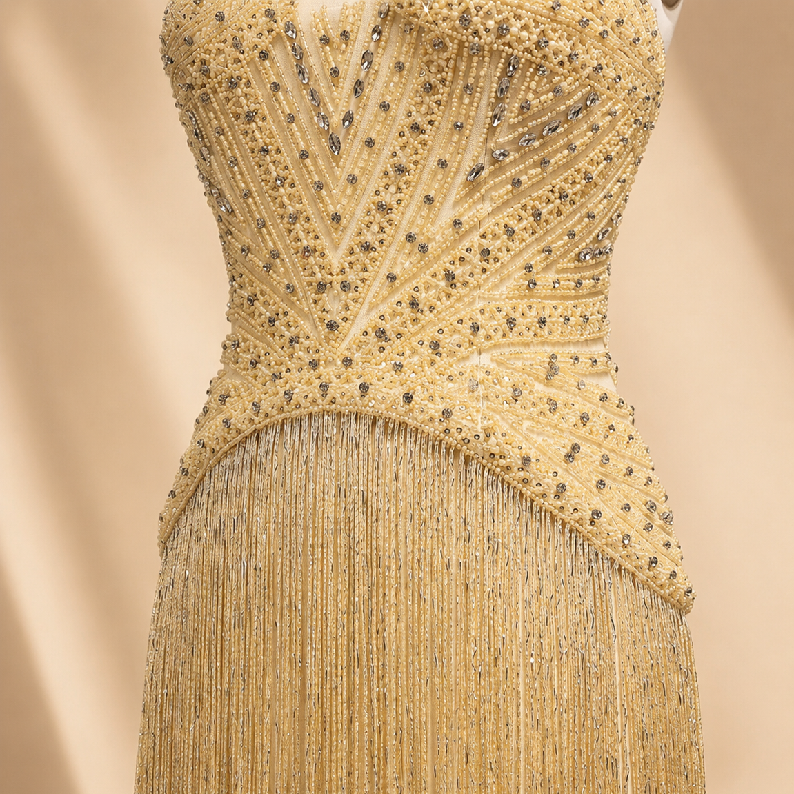 Yellow luxury couture fashion crystal rhinestones beaded and fringed evening gown on a beige background