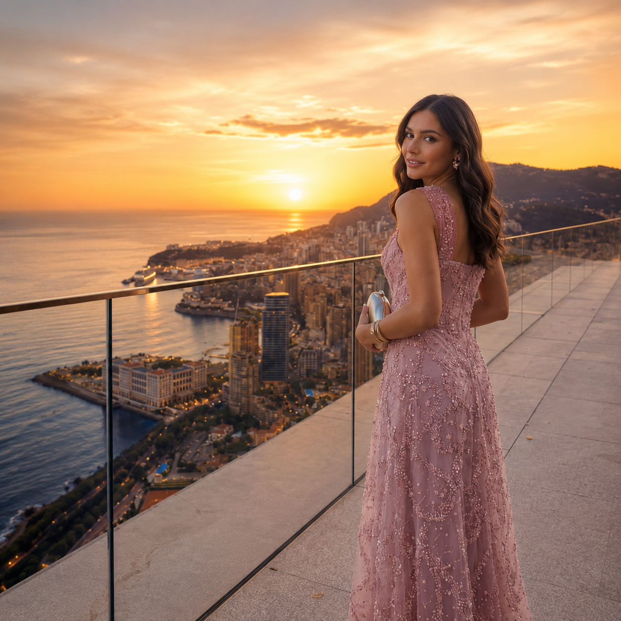 Gorgeous woman standing on a balcony wearing a high fashion couture-inspired pink ombre gown, with the dress fully embellished with intricate detailed shimmering beadwork. 