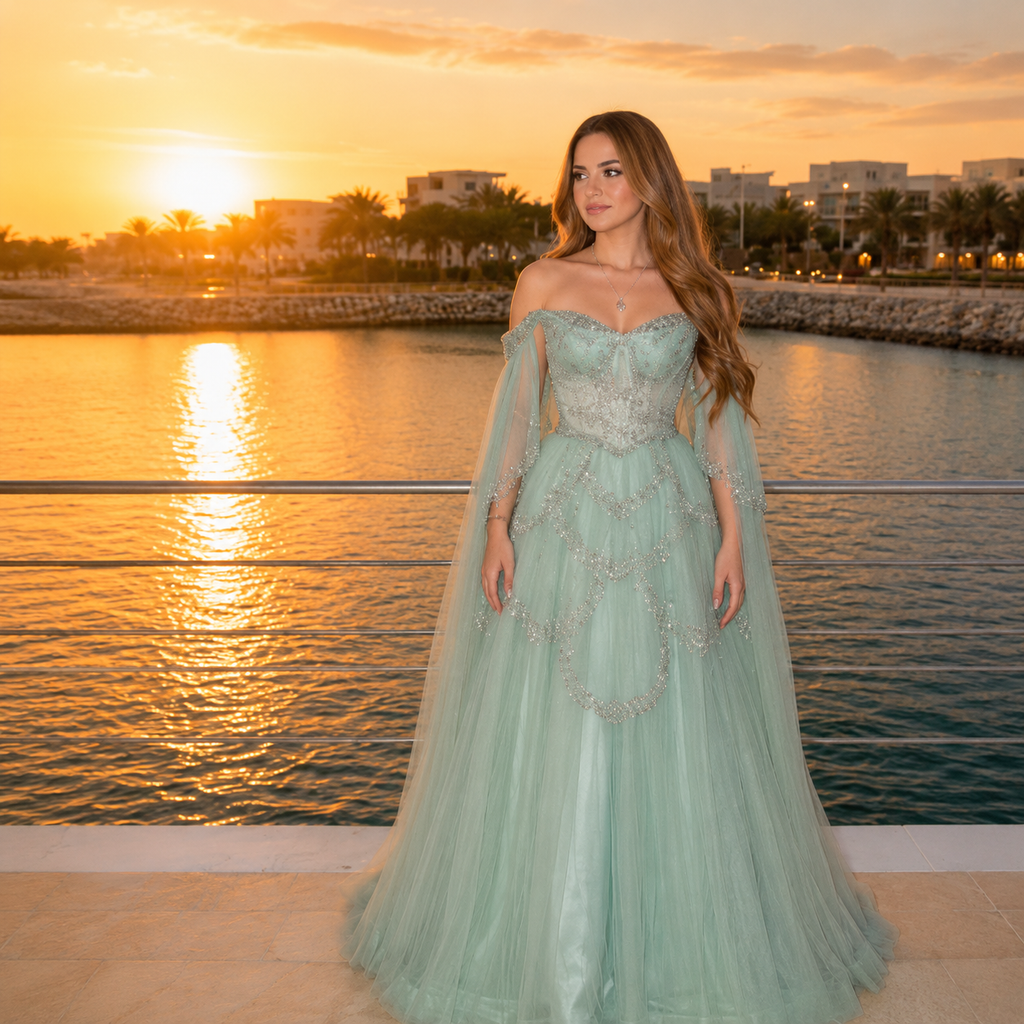 Beautiful Woman in a fairy tale inspired princess ballgown in light sage green standing by a waterfront at sunset.