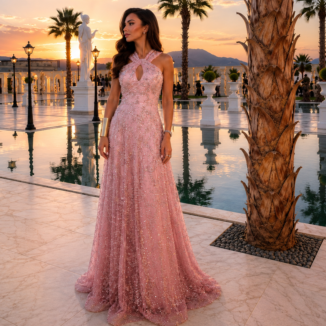 Beautiful lady wearing a luxury pink ombre dress with intricate beaded embellishments,  standing outside in an expensive looking outdoor area