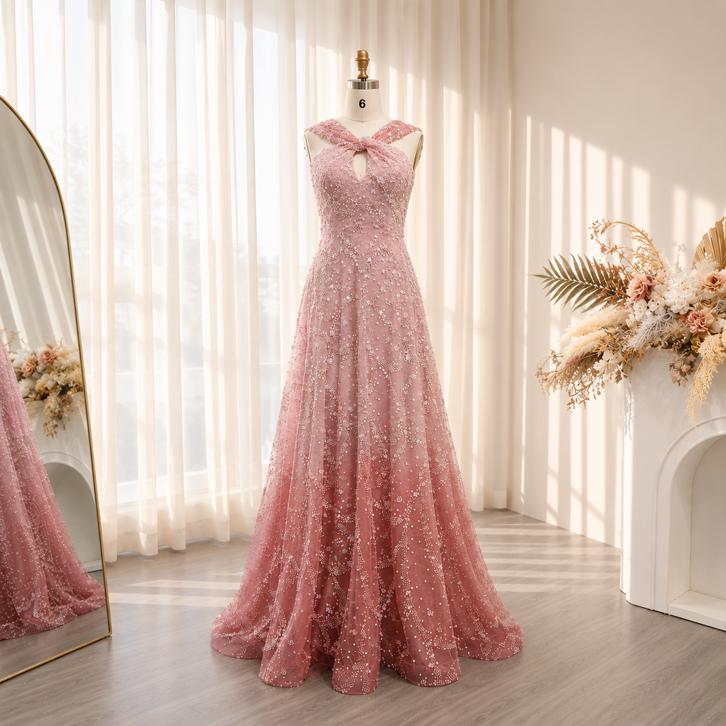 Beautiful luxurious evening gown, pink ombre color, with intricate beading in detailed patterns. The dress looks high end couture-inspired fashion. It is on a mannequin in a fancy dressing room.