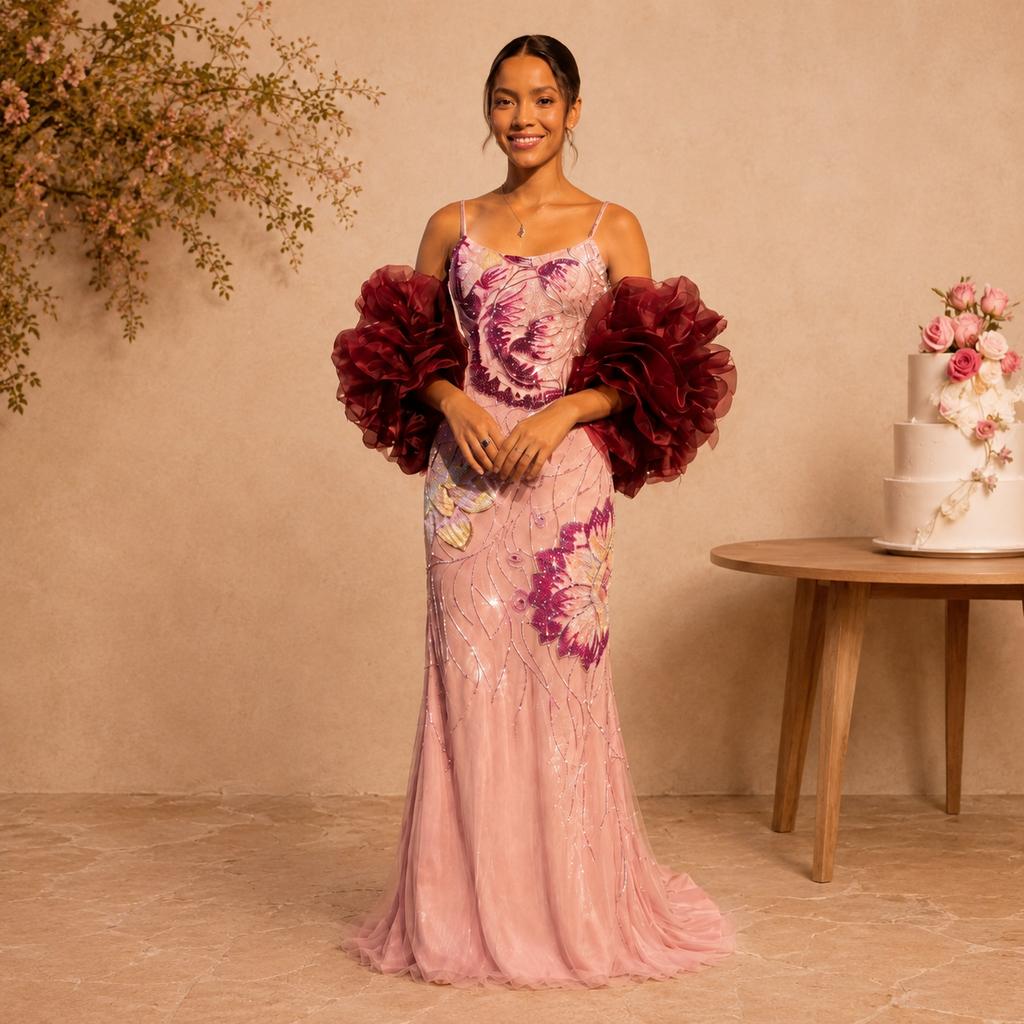 Beautiful Woman in a luxury fashion pink dress with shiny beaded crystal floral details, holding red flowers against a beige wall with a cake on a table.