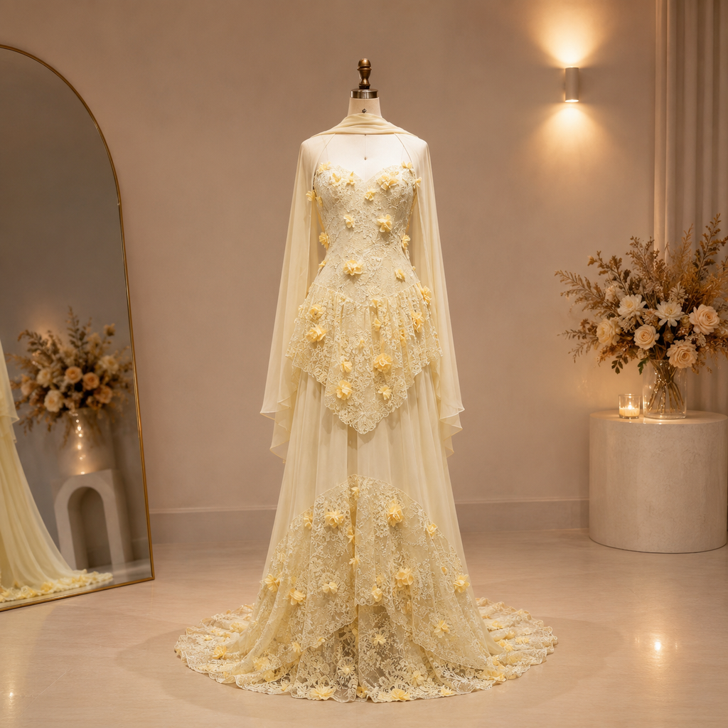 A pale yellow lace luxury evening gown displayed on a mannequin in a softly lit boutique interior. The dress features a fitted bodice with 3D floral applique, long sheer sleeves, and a layered train with floral lace detailing.