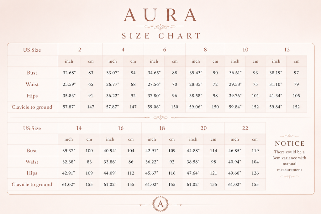 Aura size chart for clothing measurements in inches and centimeters.