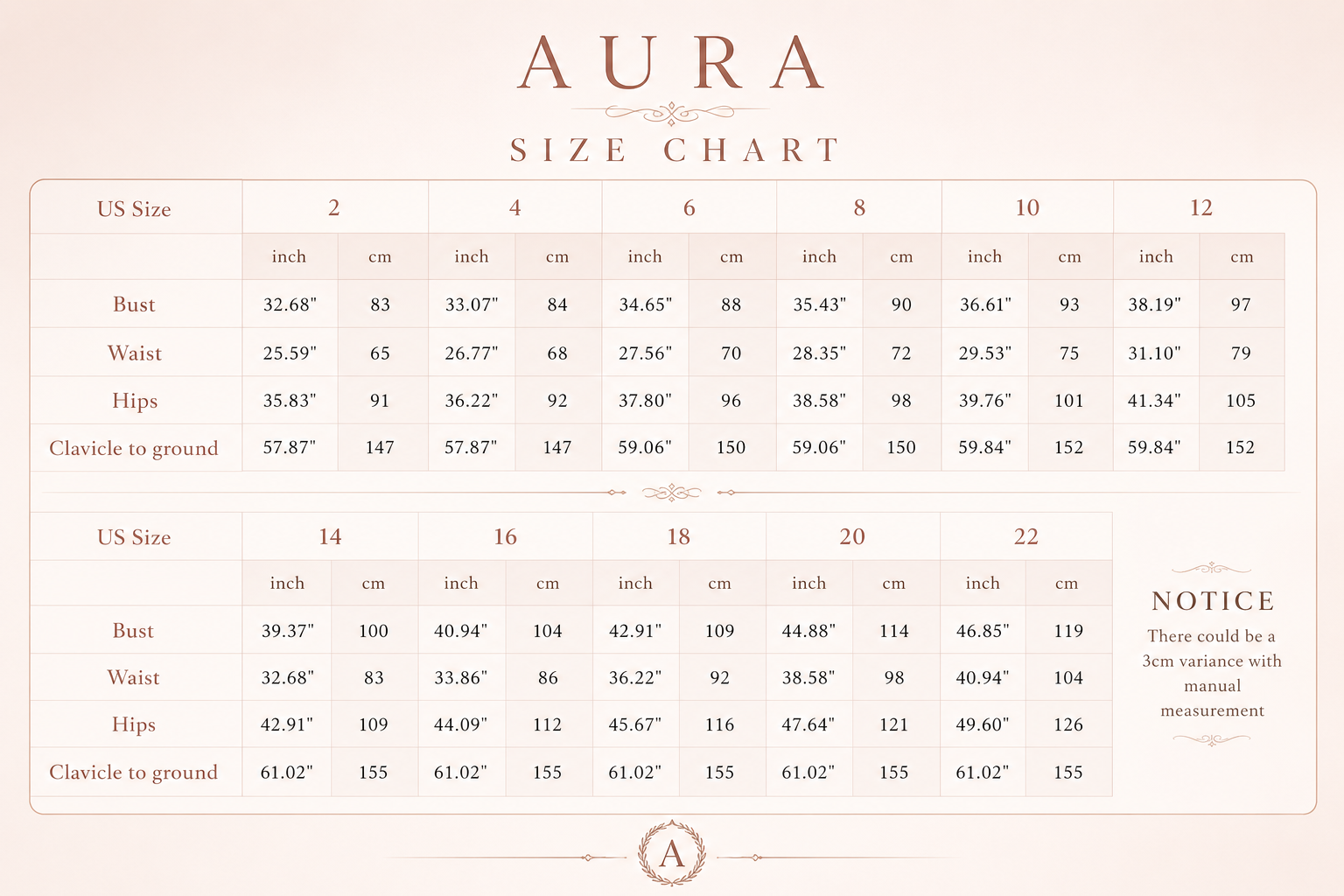Aura size chart for clothing measurements in inches and centimeters.