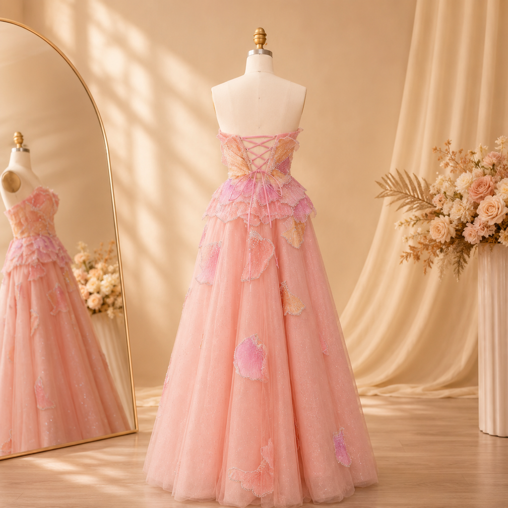 Pretty pink princess prom ballgown shown on a mannequin from the back, featuring the lace up back and shimmering embellishments 