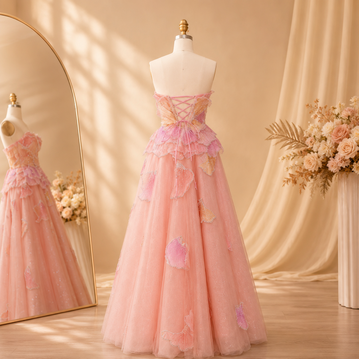 Pretty pink princess prom ballgown shown on a mannequin from the back, featuring the lace up back and shimmering embellishments 