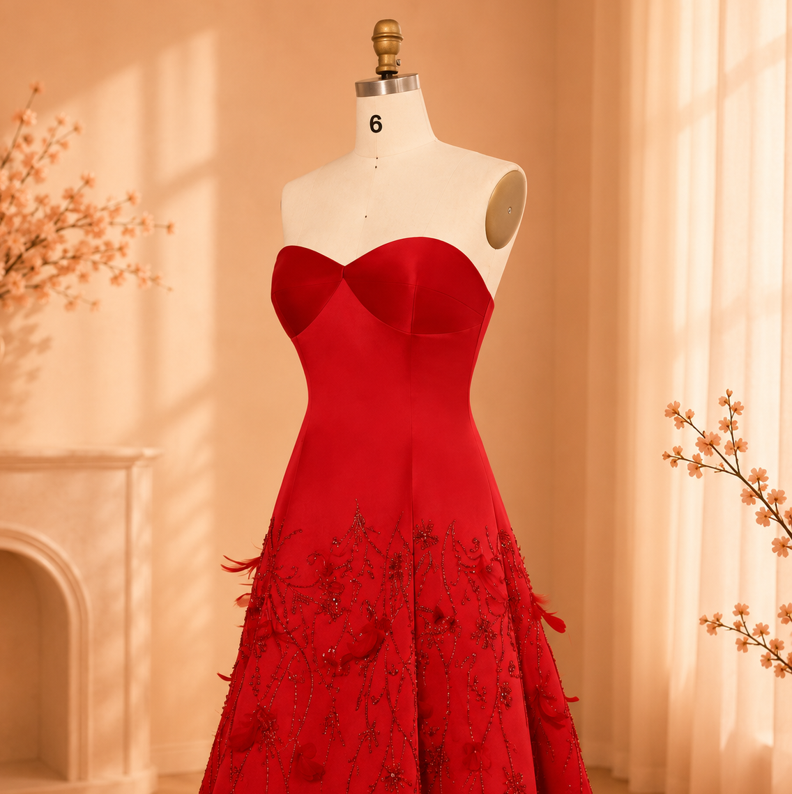A luxury red strapless formal gown with a sweetheart neckline and floral and beaded details on the skirt, displayed on a white mannequin in a warm, sunlit room with a fireplace and curtains.