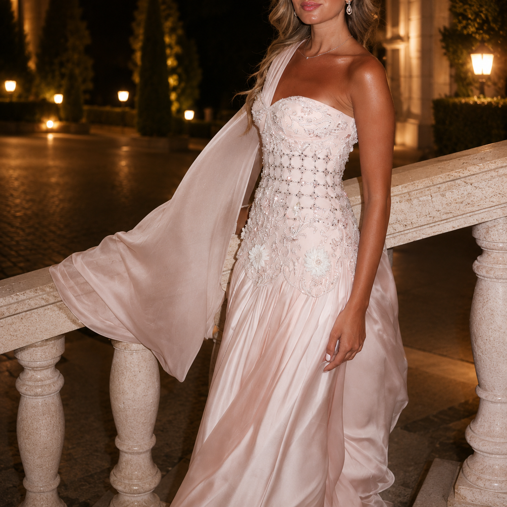 Woman in a elegant couture inspired wedding dress standing on a stone railing at night.