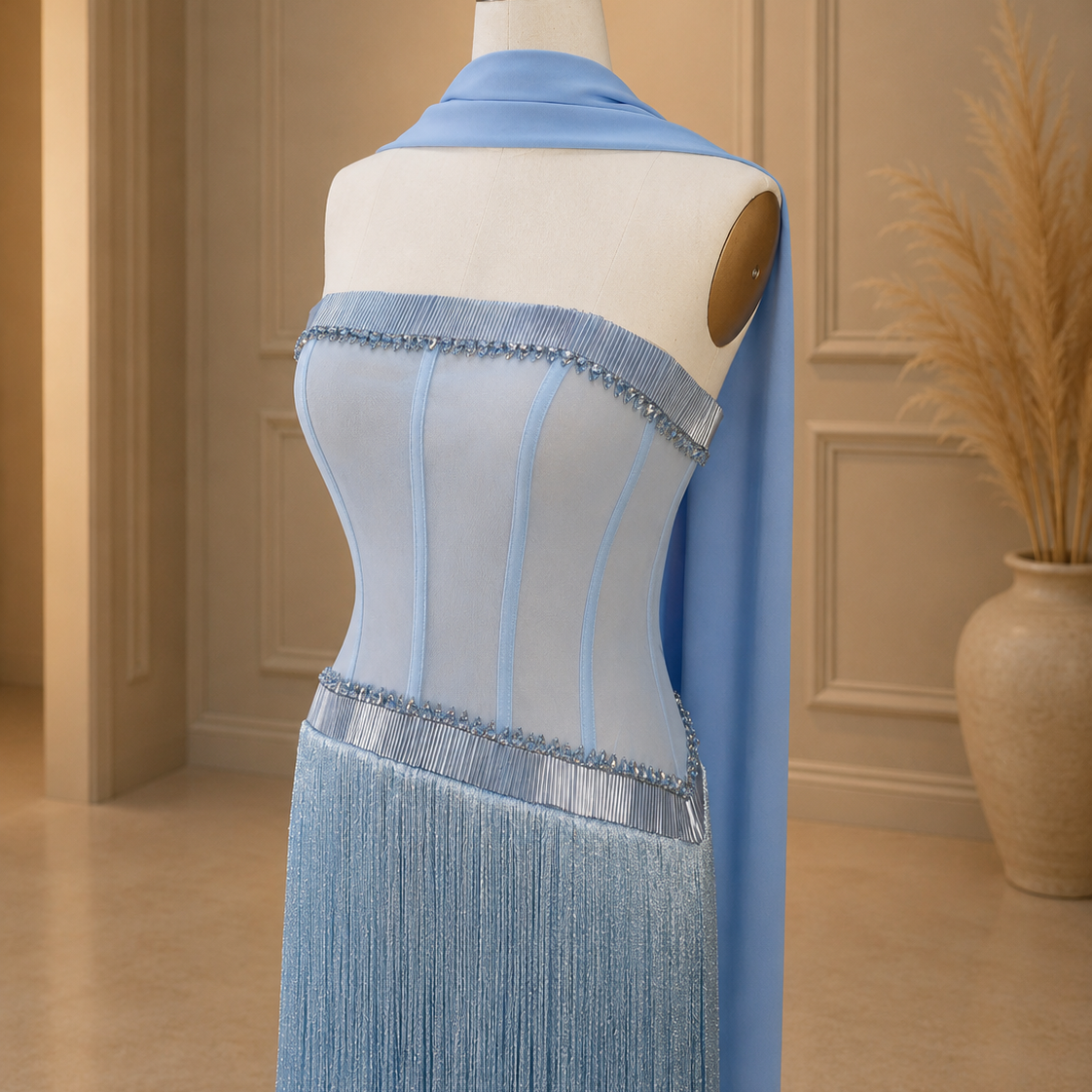 Mannequin wearing a gorgeous couture inspired light blue dress with fringe details against a beige wall.