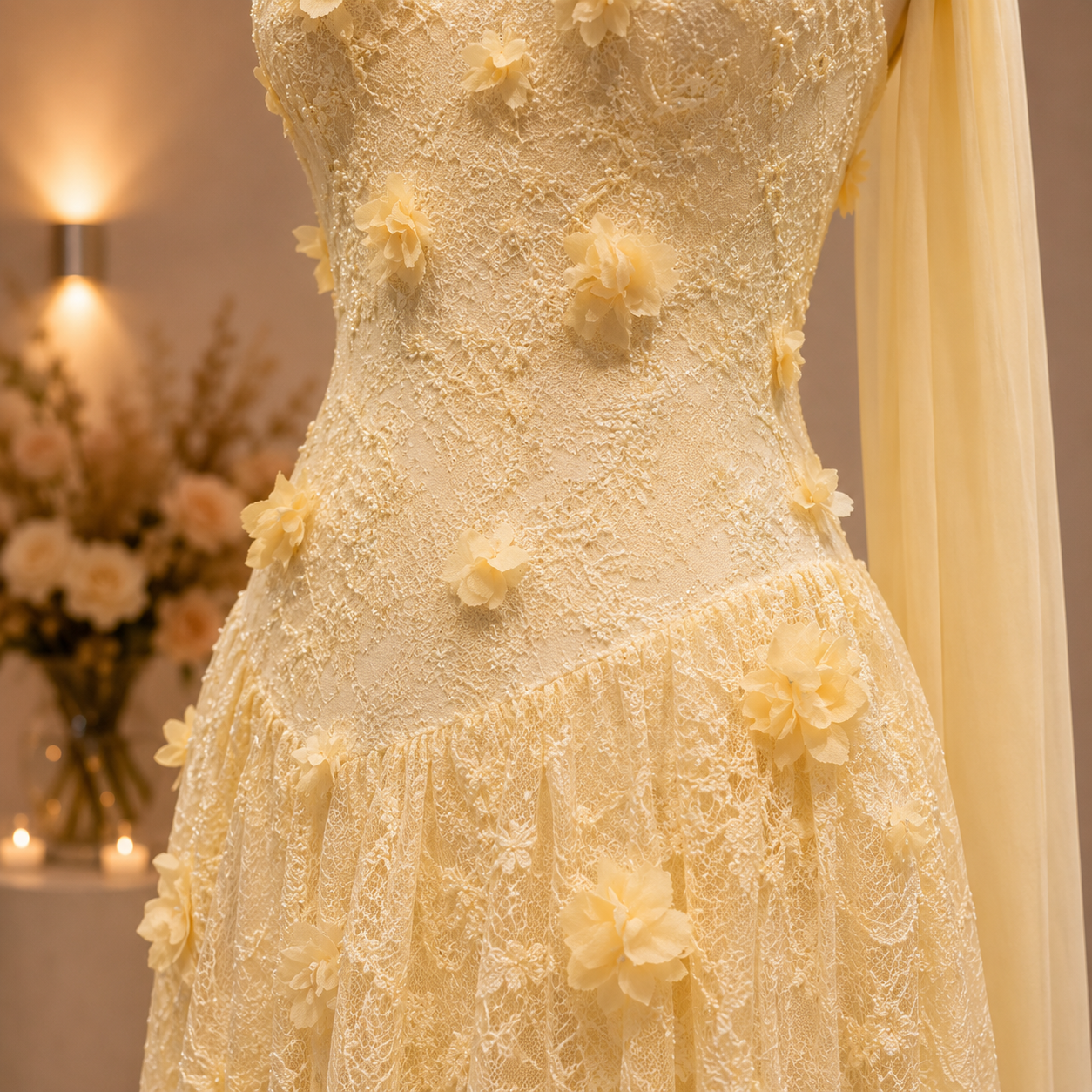 A pale yellow lace formal dress with 3D floral appliqués and a matching sheer fabric draped over one shoulder, displayed on a mannequin in a softly lit indoor setting.