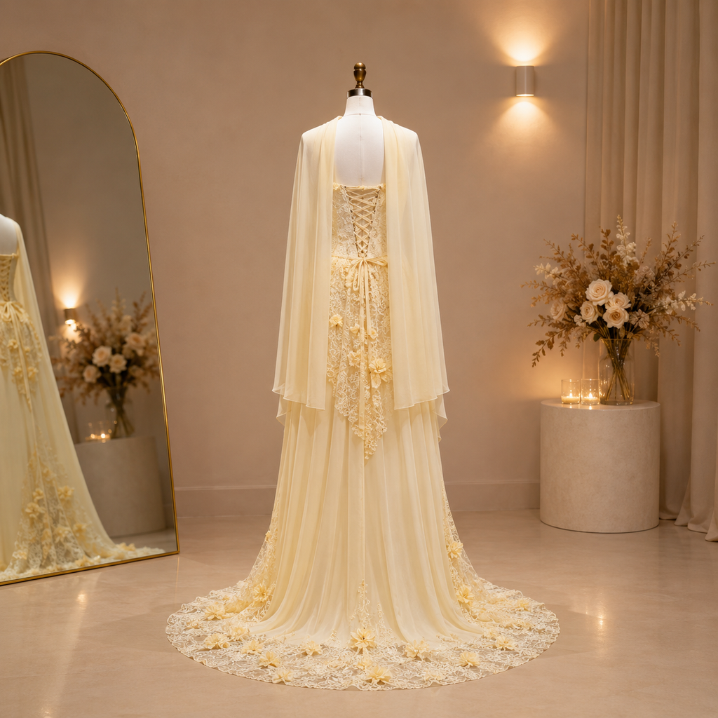 A light yellow luxury bridal gown with a sheer cape overlay and intricate floral lace applique, displayed on a mannequin in a softly lit boutique setting with a floor mirror.