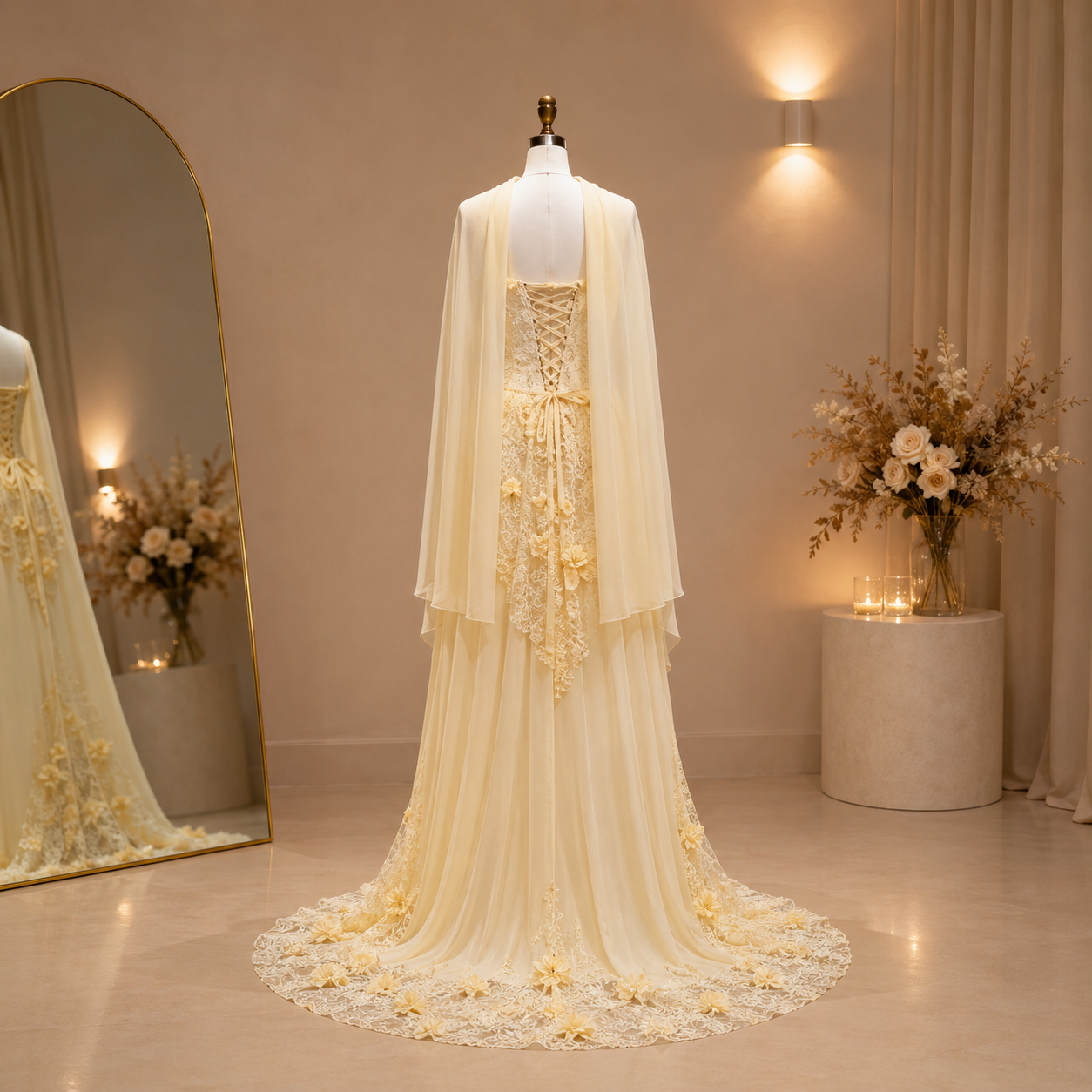 A light yellow luxury bridal gown with a sheer cape overlay and intricate floral lace applique, displayed on a mannequin in a softly lit boutique setting with a floor mirror.