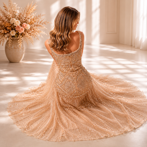 Beautiful Woman in a gorgeous luxury sparkling champagne-gold evening gown in a softly lit room with flowers.