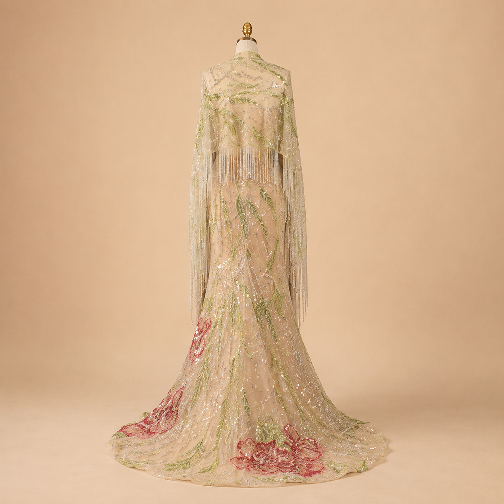 A long sheer embellished luxury gown displayed on a mannequin against a warm beige studio background. The dress has dense beadwork and sequin detailing, and large pink floral motifs with green leafy accents concentrated toward the lower skirt and train.