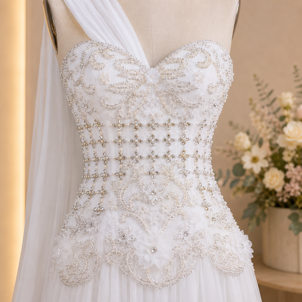 Incredible detailed white wedding dress with intricate beading on a mannequin against a neutral background.