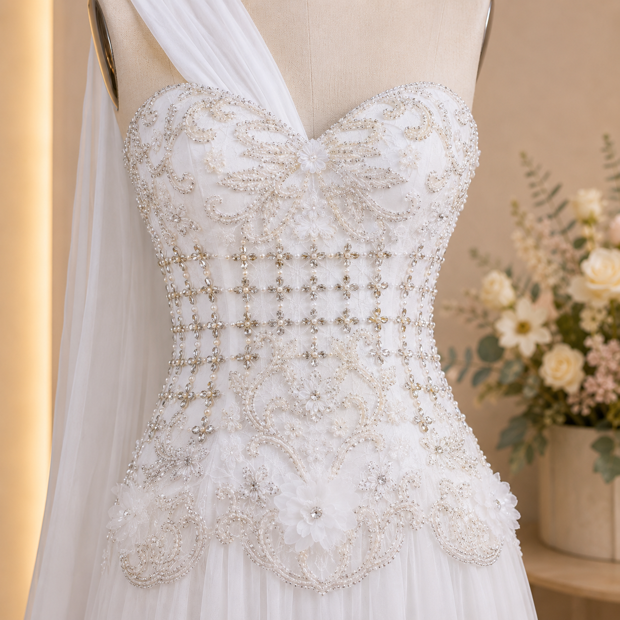 Incredible detailed white wedding dress with intricate beading on a mannequin against a neutral background.