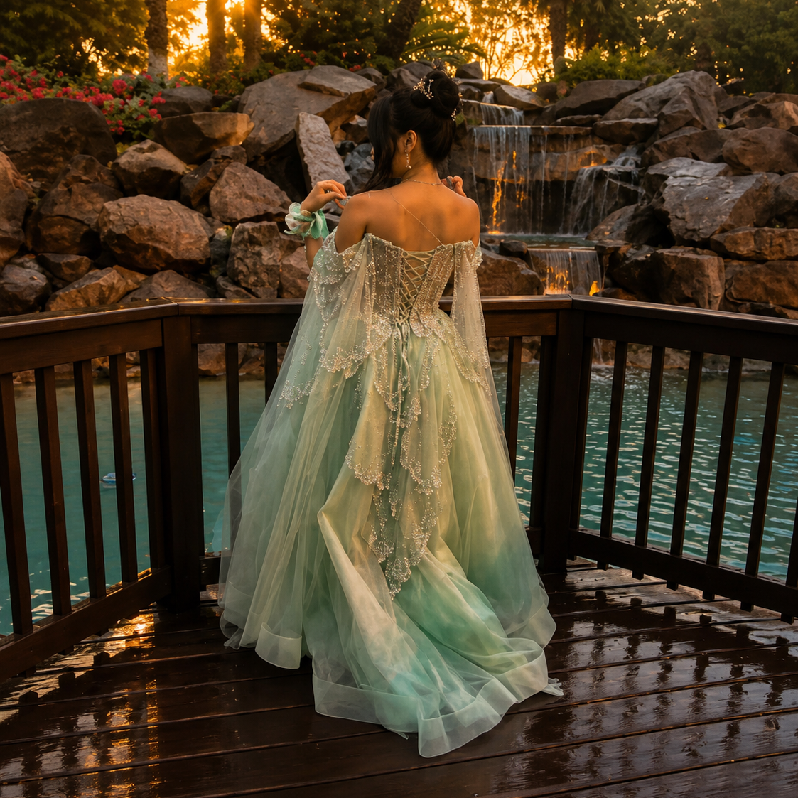Woman in a light green luxurious ballgown standing on a wooden deck overlooking a scenic water view with a sunset.