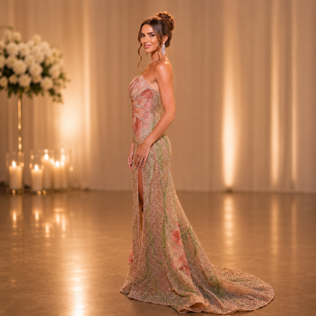 A woman stands in a warmly lit indoor venue wearing a strapless, floor-length luxury-fashion embellished gown with a high slit and train. The dress has a light beige base with pink floral patterning and shimmering beadwork.
