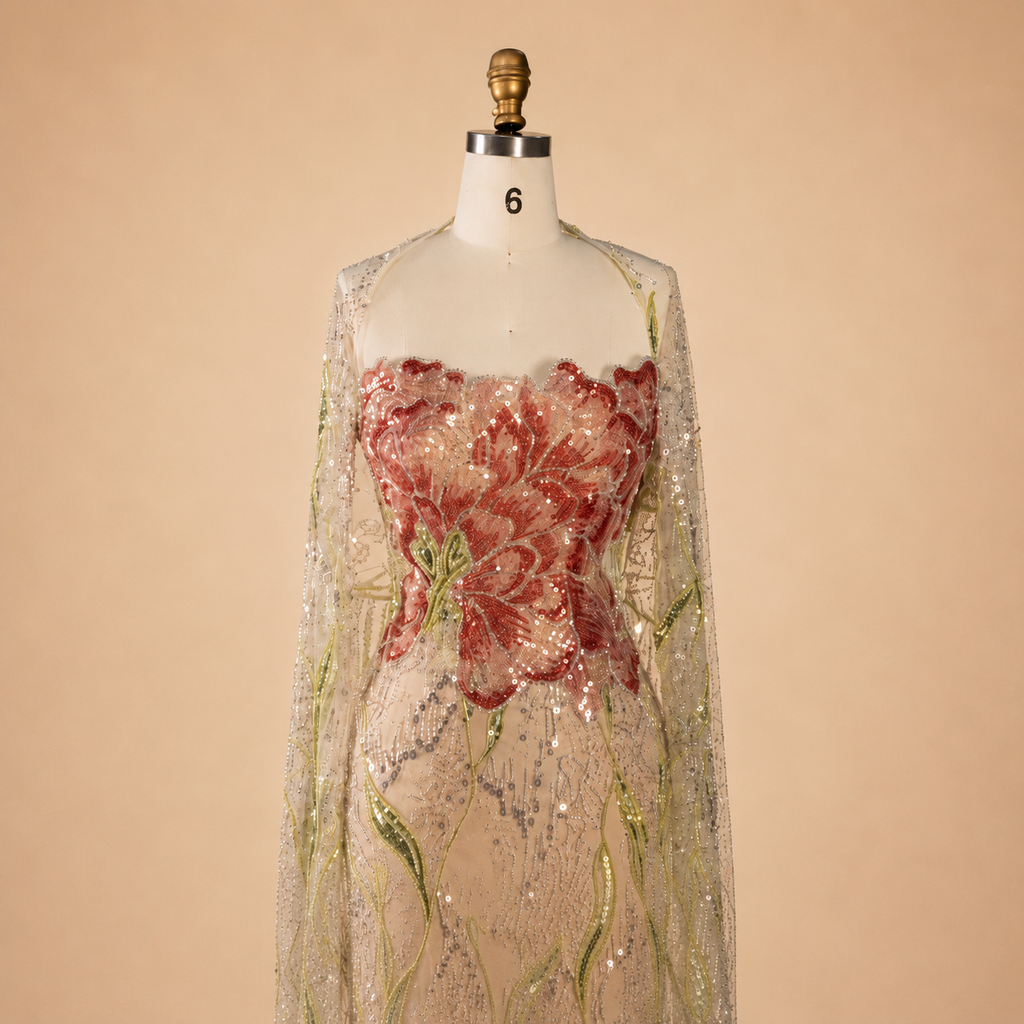 A sheer beige champagne sequined luxury gown displayed on a white mannequin against a warm beige background. The bodice features a prominent shimmering red floral applique with green embroidered vine details.