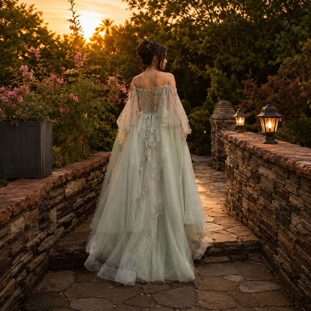 Woman in a light green couture inspired fairy tale ballgown dress standing on a stone path with a sunset background