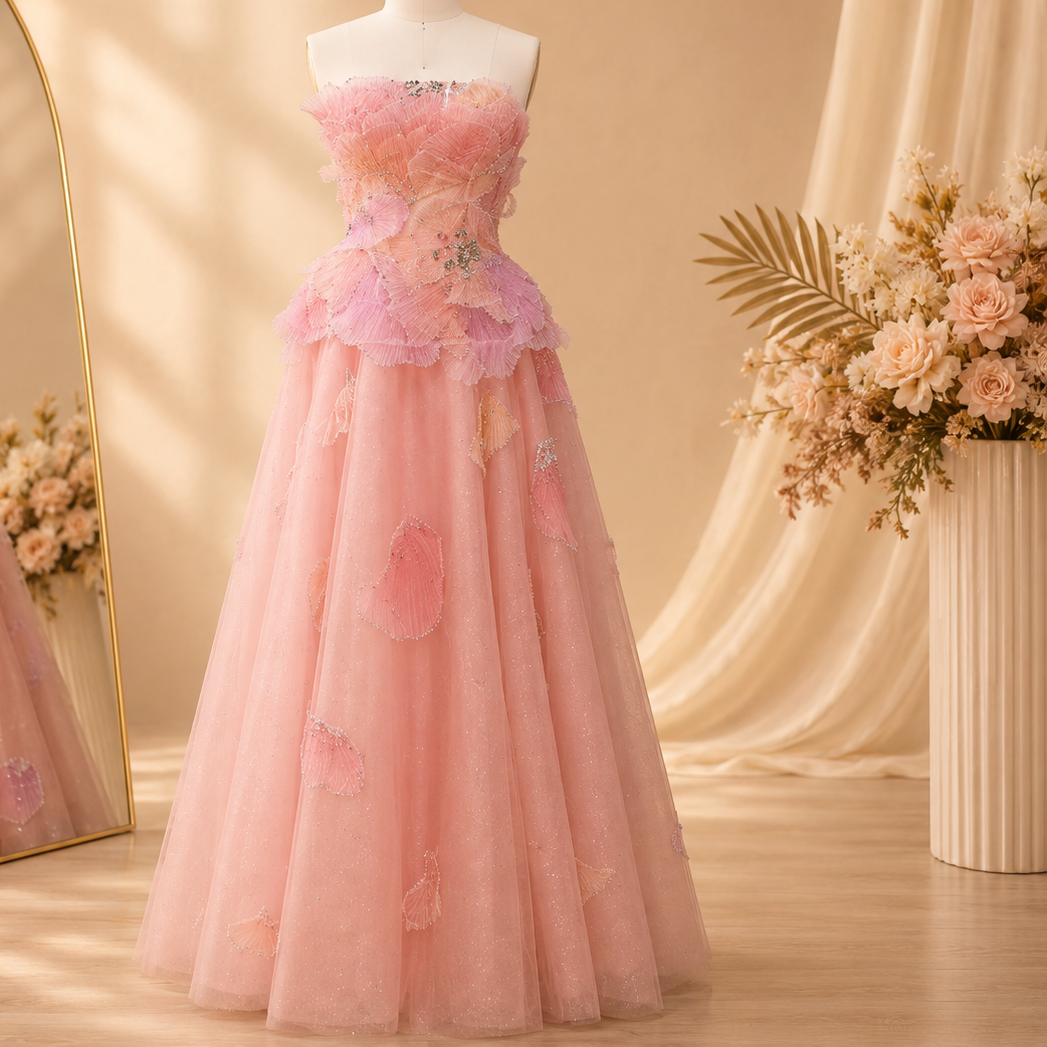 Gorgeous pink shimmering princess prom ballgown with crystal beadwork and three dimensional petal like details