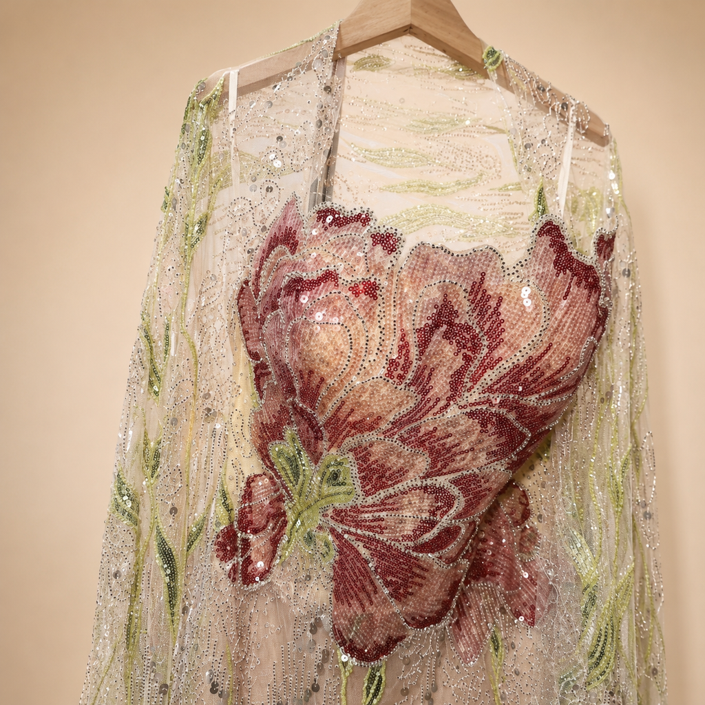 A close-up of a heavily embellished sheer lace luxury dress on a wooden hanger, featuring a large floral applique in burgundy and beige sequins with green leaf details against a light beige background.