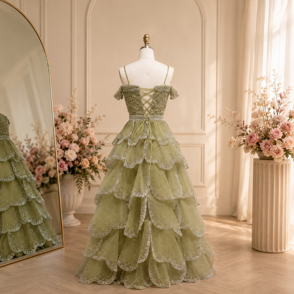 Back view of a sage green luxury princess ballgown, showing the corset lace-up up back detailing. The dress is shimmering with intricate beadwork embellishments. It is on a mannequin in a beautiful dressing room.