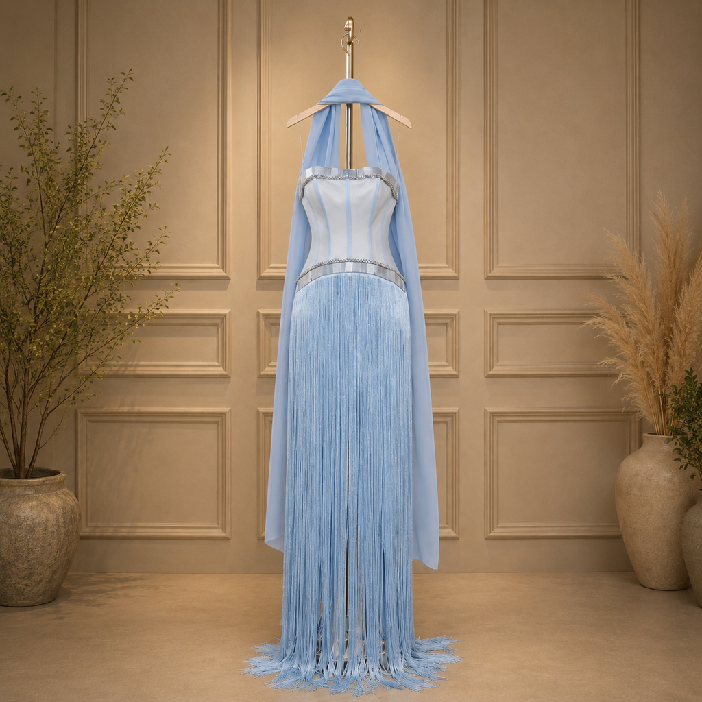 Luxury couture fashion shiny blue fringe tasseled dress on a hanger against a beige paneled wall.