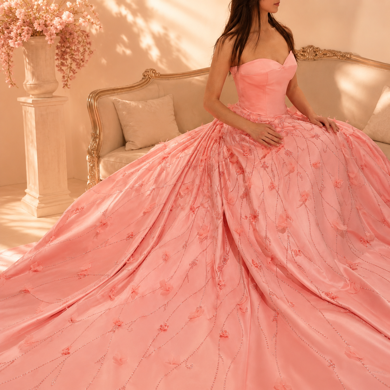 A woman wearing a voluminous peach coral pink ball gown with a sweetheart neckline, seated in an ornate cream-colored sofa in a warm, sunlit room.