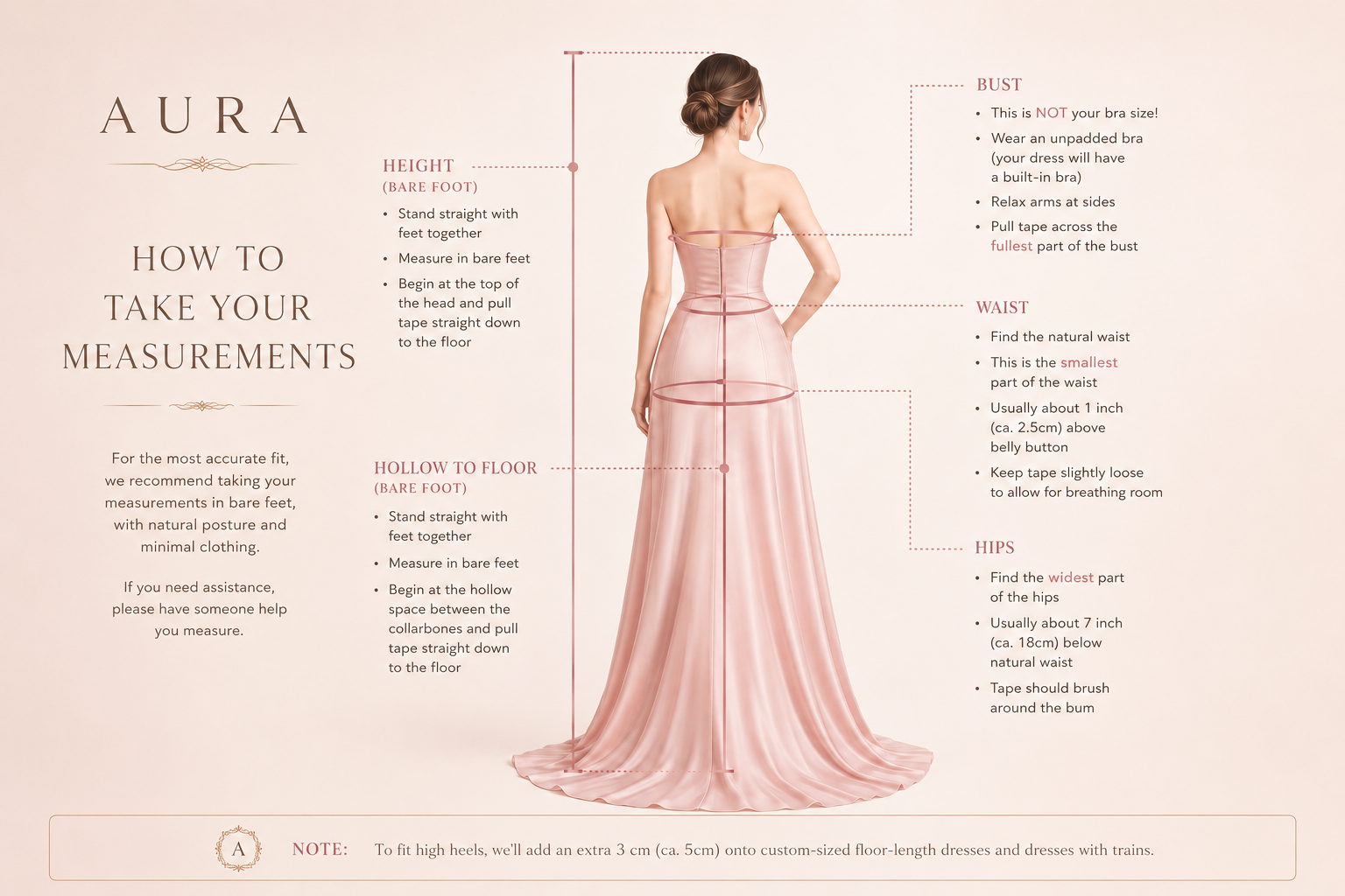 Aura Measurement guide for gowns with text on how to take measurements.