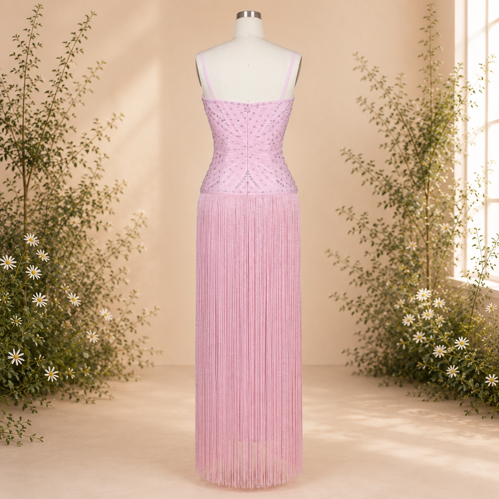 Luxury crystal beaded Pink evening gown on a mannequin against a beige wall with decorative plants.