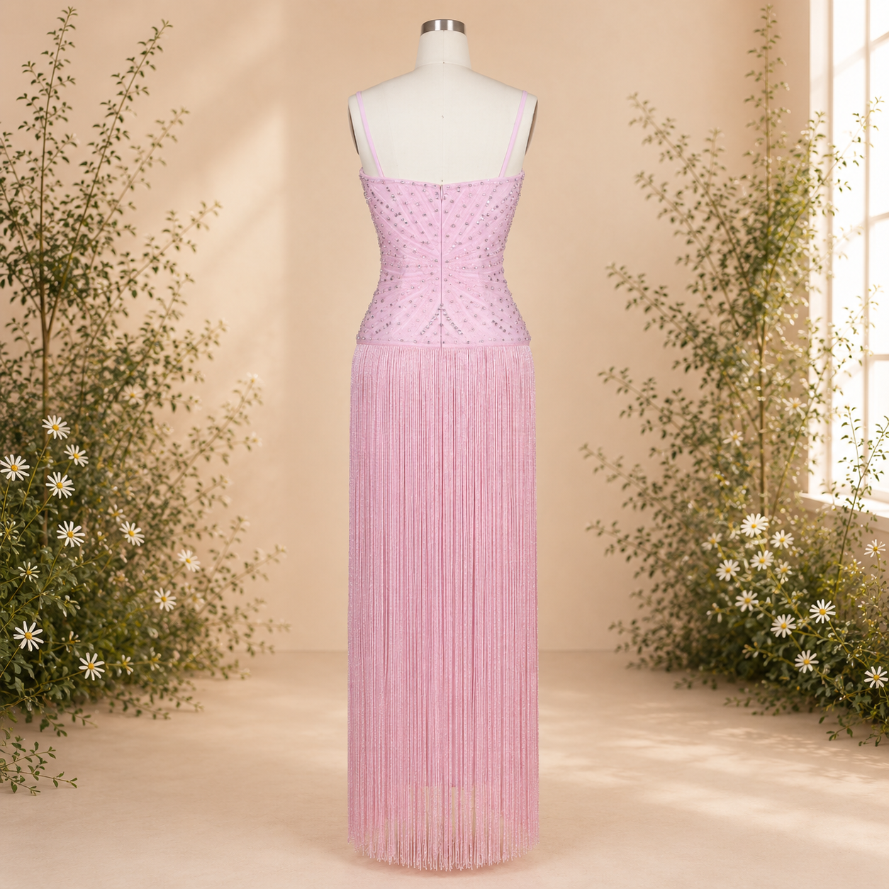 Luxury crystal beaded Pink evening gown on a mannequin against a beige wall with decorative plants.