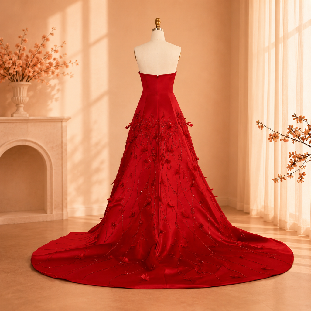 A couture inspired strapless red ball gown with a dramatic long train, and detailed beadwork with floral and vine features, displayed on a mannequin in a warm, sunlit room with a fireplace and sheer curtains.