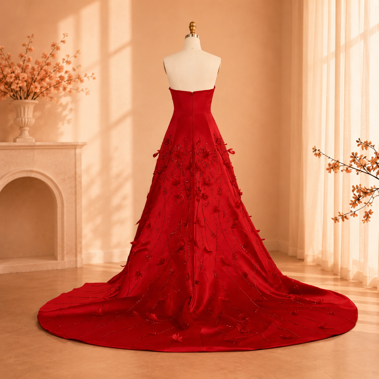 A couture inspired strapless red ball gown with a dramatic long train, and detailed beadwork with floral and vine features, displayed on a mannequin in a warm, sunlit room with a fireplace and sheer curtains.