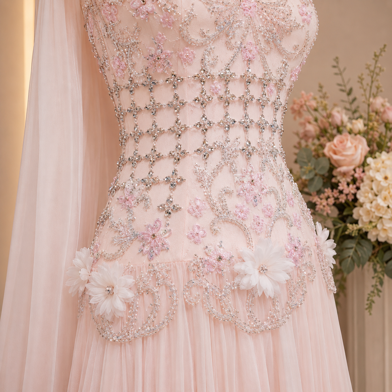 Luxury detailed Pink evening gown with floral and bead details, paired with a floral arrangement.