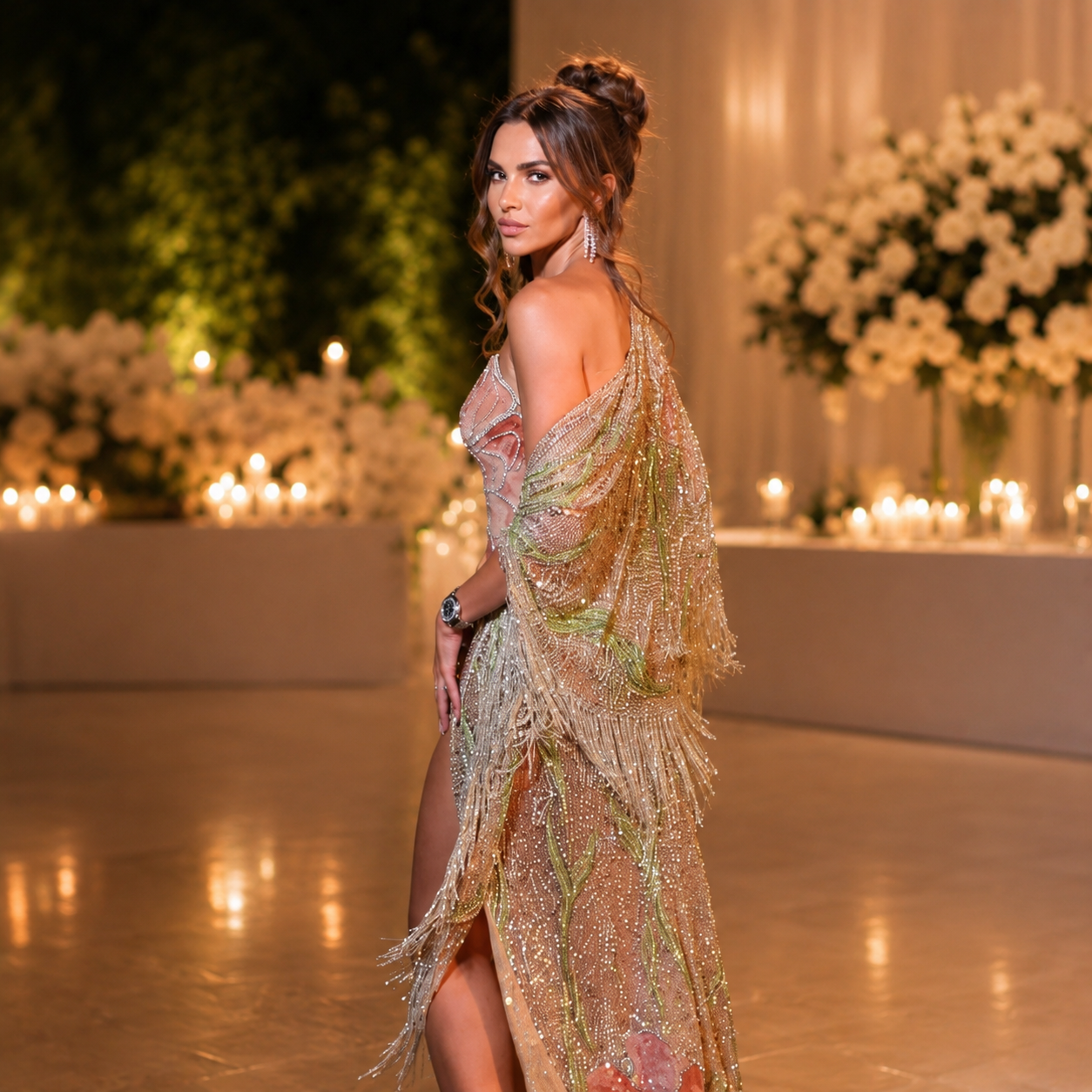 A woman stands indoors wearing a shimmering, off-the-shoulder luxury fringe dress in warm metallic tones, with a high slit and a long draped overlay. The setting has warm lighting, candles, and large white floral arrangements in the background.