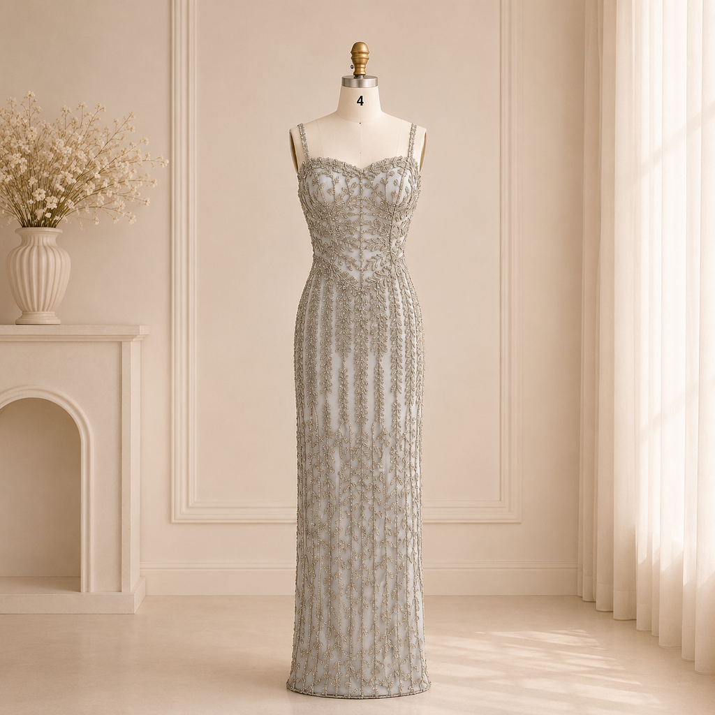 Elegant sage green evening gown dress with luxury details of intricate silver embellishments on a mannequin in bright lighting