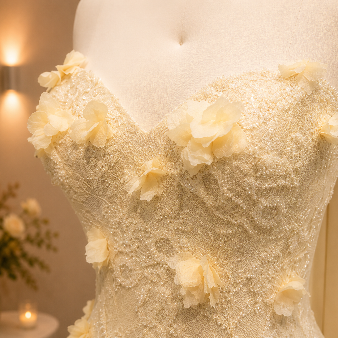 A close-up of a pale yellow lace wedding dress with 3D floral appliqués displayed on a white mannequin torso in a warmly lit indoor setting.