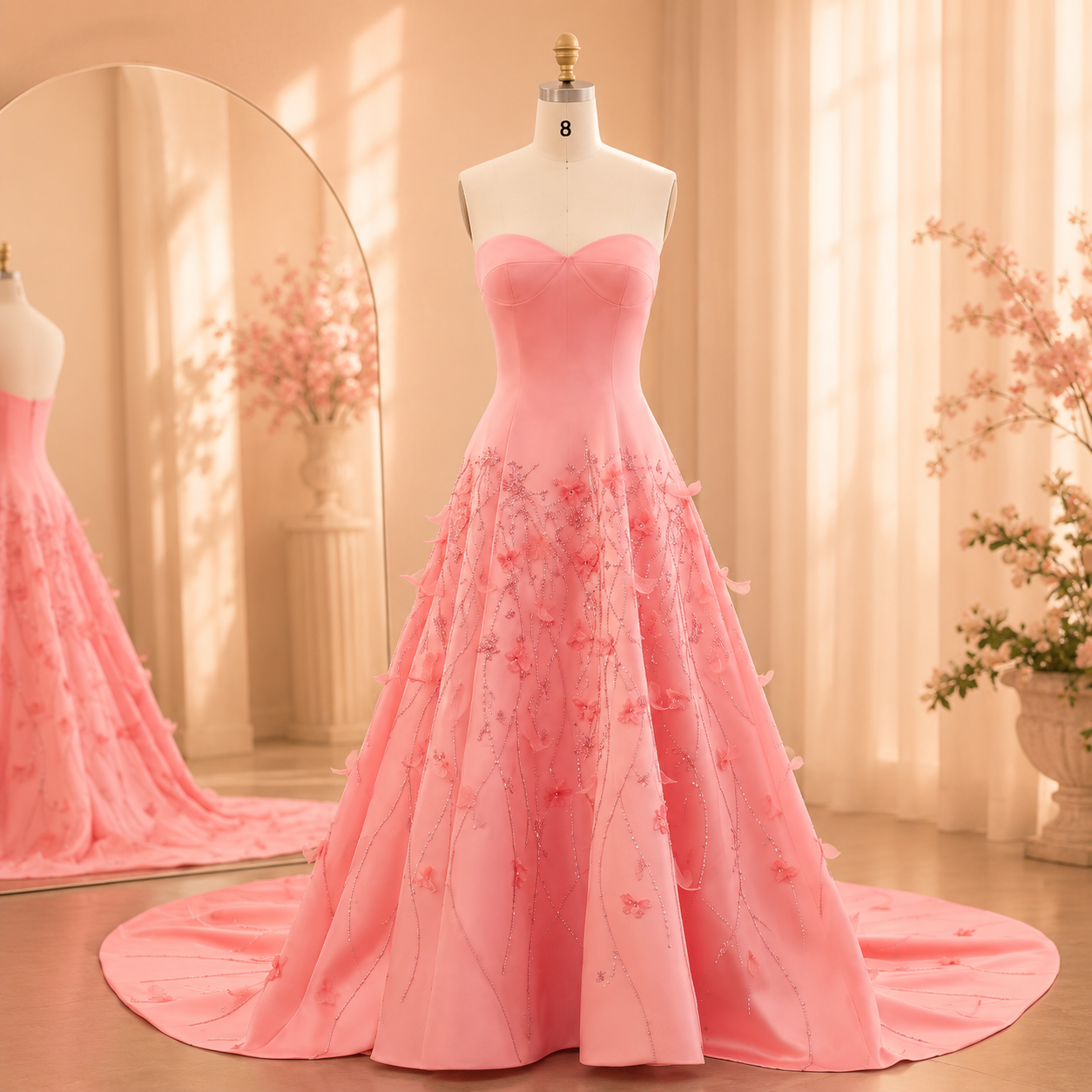 A coral peach pink strapless ball gown with a sweetheart neckline and 3D floral embroidery, intricate beadwork, displayed on a mannequin in a warm, sunlit room with a large mirror reflecting the train of the dress.