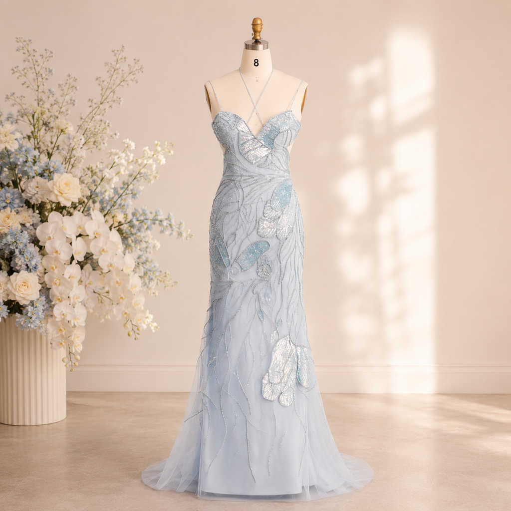 Gorgeous light icy blue luxury evening gown. The dress is on a mannequin in a warmly lit dressing room with flowers in the background. The dress is covered in delicate intricate shimmering crystal beadwork and sequin embellishments.