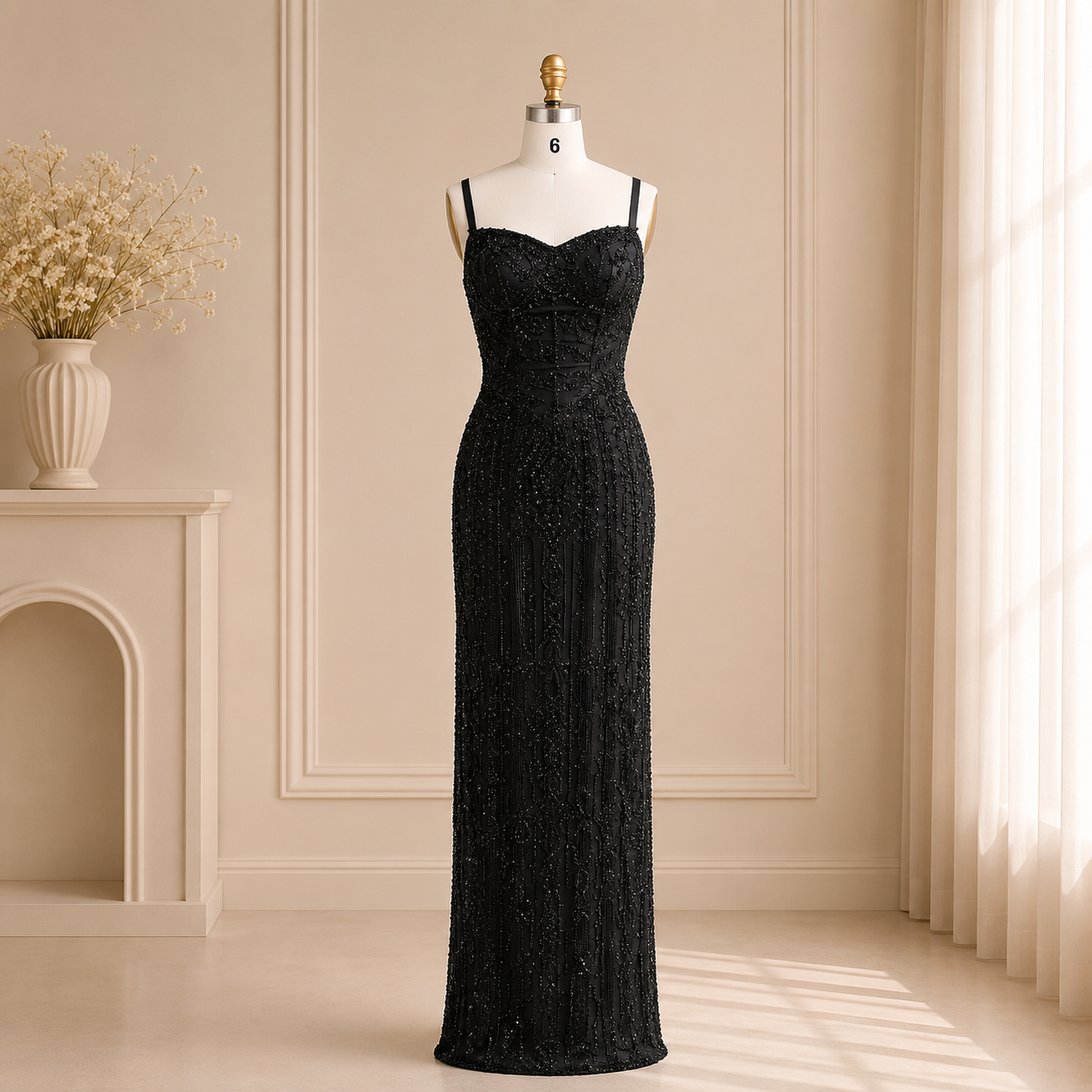 A beautiful beaded black elegant evening gown dress on a mannequin in a brightly lit room.