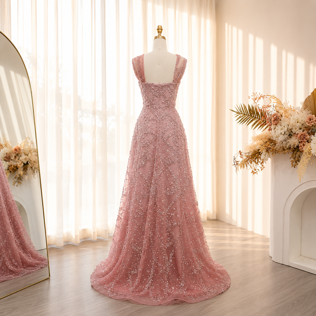 Gorgeous luxury-fashion pink ombre prom dress, shown from the back, with intricate beautiful beadwork all over the gown. The evening gown is on a mannequin in a well lit dressing room.